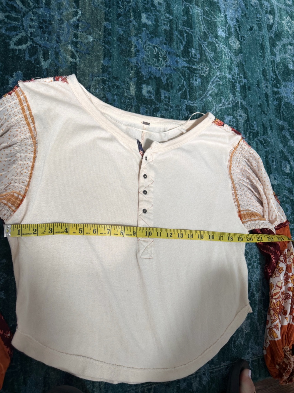 Free People Cream Henley Top with Rust and Maroon Patchwork Sleeves - Picture 5 of 12